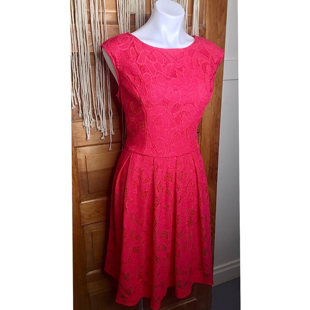 Cato Coral Lace Fit Flare Midi Dress
